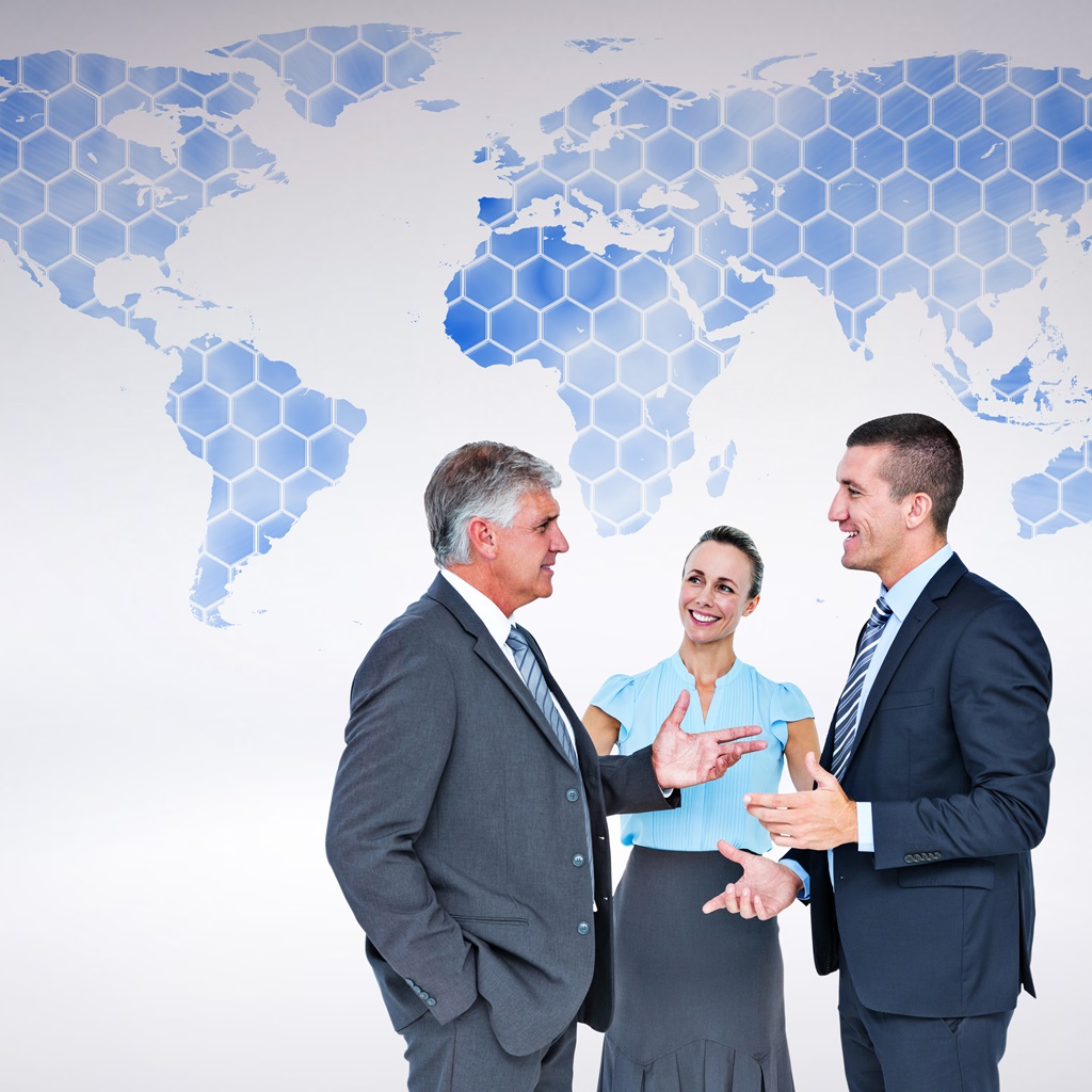 Business people standing and talking against background with world map Business Expansion Advisory